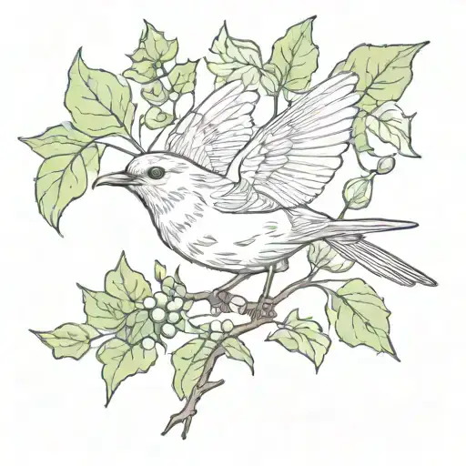 Robin Flying With Ivy Leaves