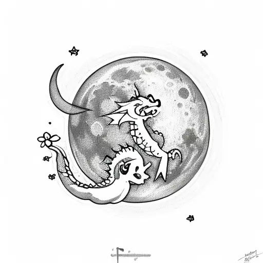 Moon With Baby Dragon And A Flower