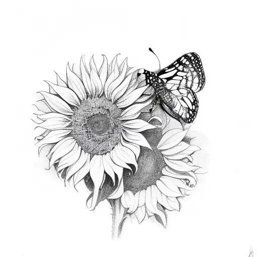Sunflower And Butterfly Together
