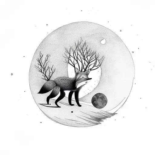 Red Fox With A Tree And A Moon