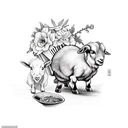 Libra Scales With Baby Goat In One Bowl And Flowers In Other Bowl