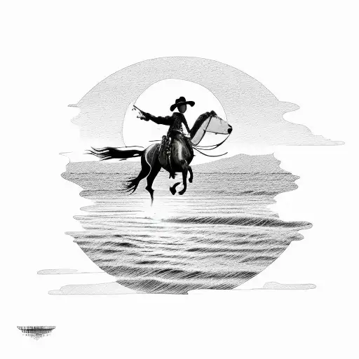 Sunset Over Water With Cowboy Riding Away