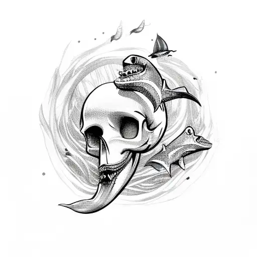 Siren Mermaid Sucking Skull And Sharks