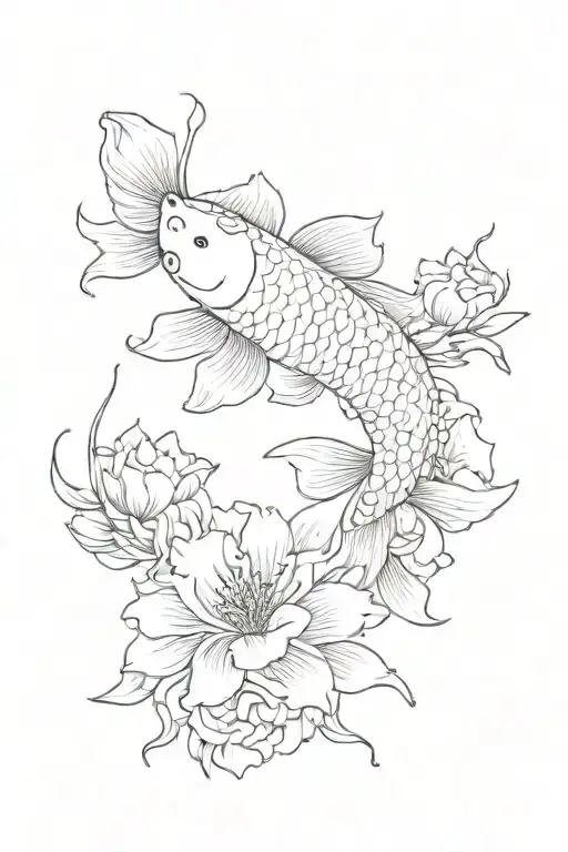 Japanese Flowers Surrounding A Koi Fish