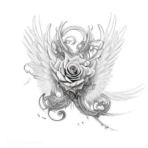 A Rose Entangled With Intricate Angel Wings