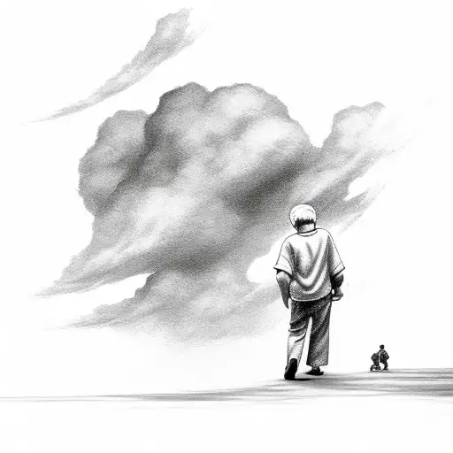 Grandpa Holding Grandsons Hand Walking Up Steps To Heaven With Clouds And A Cross