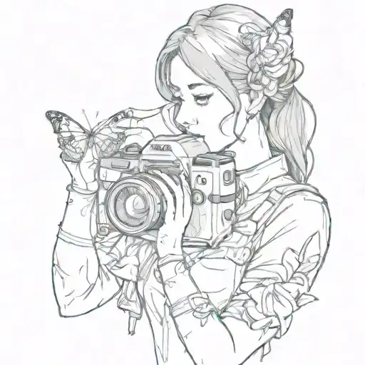 A Mother Holding A Camera With A Butterfly Perched On Her Shoulder