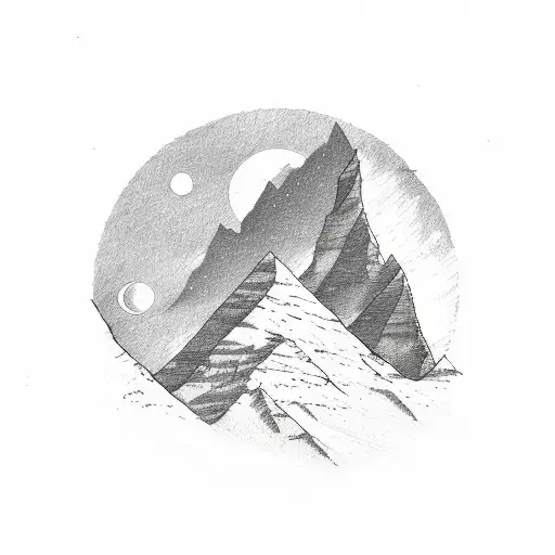 A Detailed Sketch Of A Mountain Range With A Crescent Moon Rising Above It