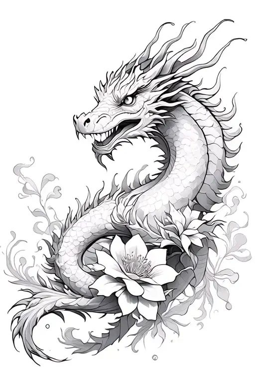 Dragon With Flowers And Smoke Swirling