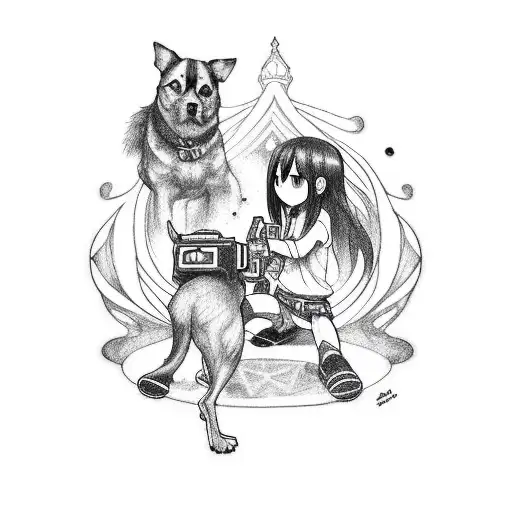 A Blackwork Tattoo Of Kirito And A Dog Exploring A Dark And Mysterious Video Game Dungeon