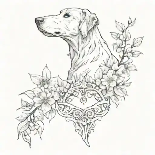 Gothic Borzoi Sternum Tattoo With Dogwood Branches