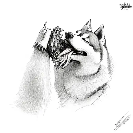 A Sketch-style Depiction Of A Husky Biting Into A Bone With Its Teeth