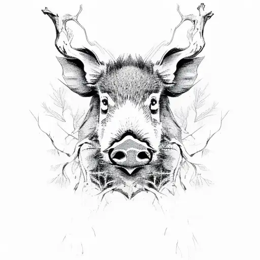 Wild Boar Face With Tree And Roots Blended