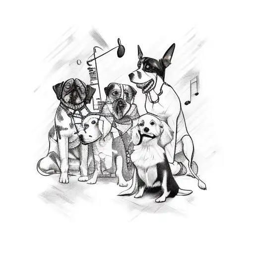 A Sketch-style Tattoo Of A Group Of Friends Playing Music With Their Dogs Joining In
