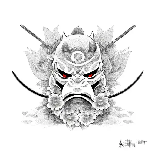 Half Oni Mask With Sakura Flowers Around It With A Katana