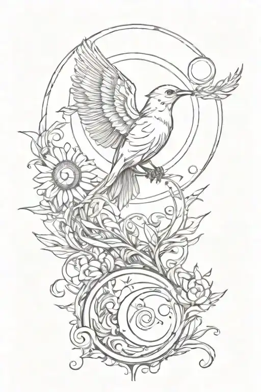 Rising Bird With Sun And Moon Surrounded