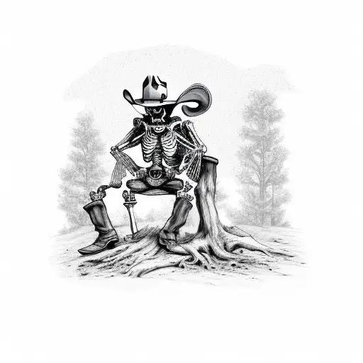 Skeleton With Cowboy Clothes And Cowboy Hat Resting On A Tree Drinking A Bottle Of Bourbon