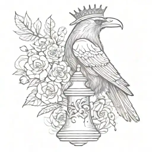 King Chess Piece With Flowers And Ravens Flying