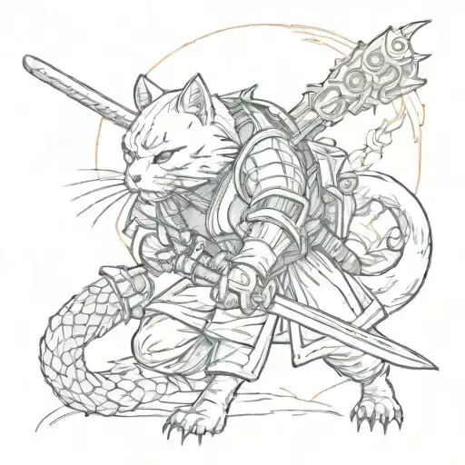 Japanese Cyberpunk Samurai Cat With Dragon And Two Swords In Full Growth