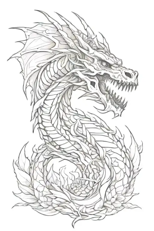 Fierce Dragon Skeleton With Live Nature Elements Intertwined