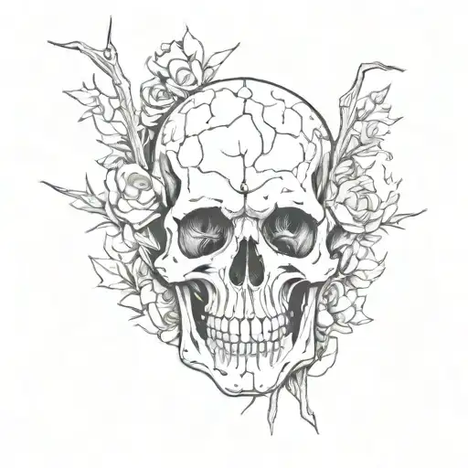 A Skeleton With A Cracked Skull And Hearts And Fire From The Head