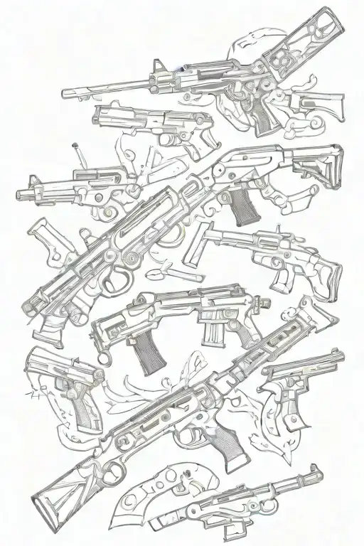 A Collage Of Sketches Of Different Weapons Combined With Elements Symbolizing Love And Family