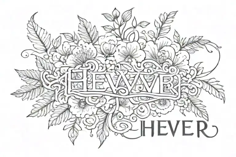 Name Hever With Flowers And Lines And Lettering Tattoo Idea