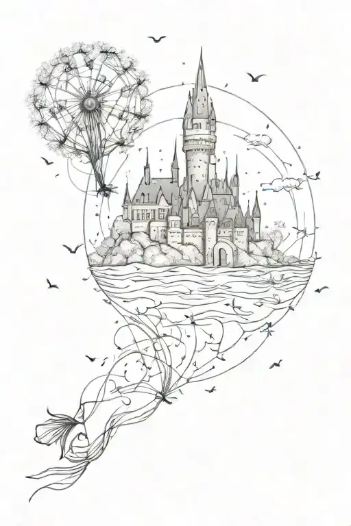 Dandelion Seeds Floating Towards Hogwarts Castle