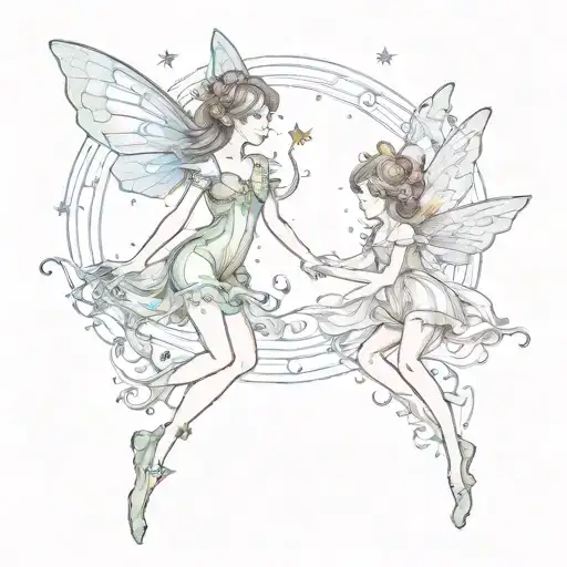 Two Fairies Different Colors One Below Other In Cosmos Water Colour