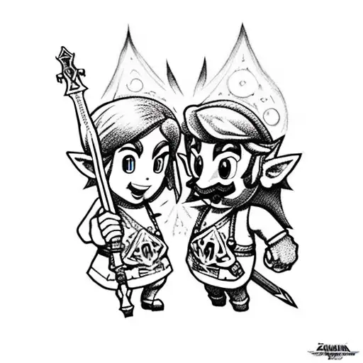 A Dotwork Tattoo Of Zelda And Mario Joining Forces With The Master Sword And A Fireball