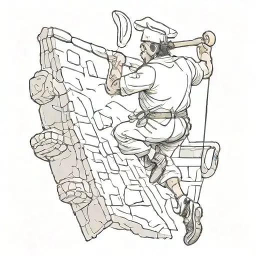 A Sketch Tattoo Of A Chef Climbing A Rock Wall With Cooking Utensils Dangling From Their Harness