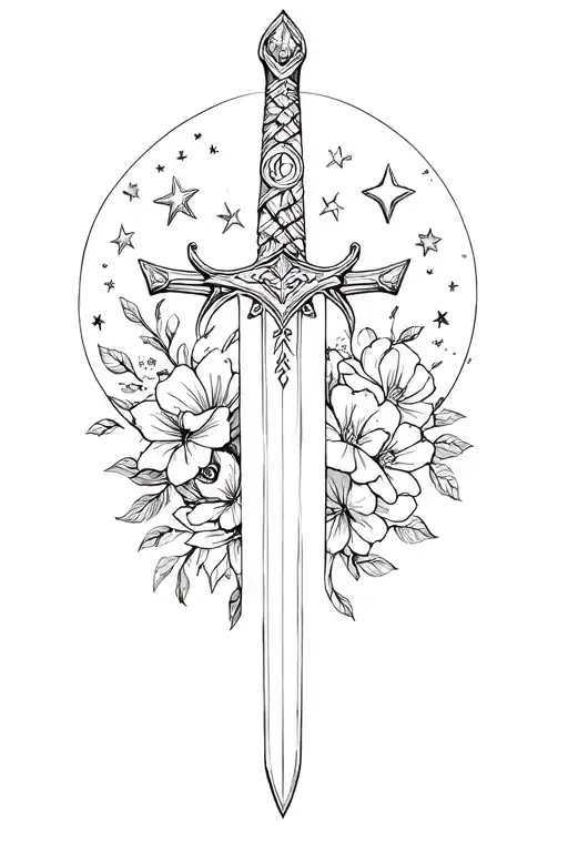 Sword With Stars And Moon And Flowers Around The Sword