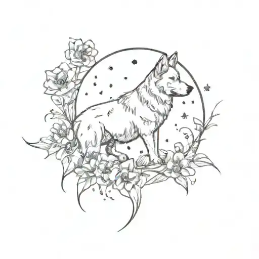 A Sketch Style Tattoo Of A Dog Howling At The Moon While Surrounded By Flowers And Stars