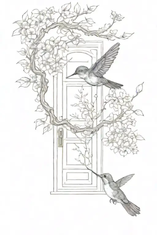 Humming Bird Garden Flowers Tree With Door Leading