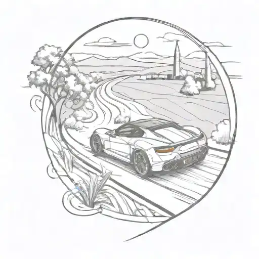 A Sketch Style Tattoo Of A Sleek Sports Car Speeding Down A Winding Road In The Countryside
