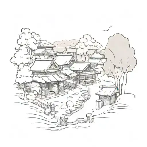 A Minimalist Sketch Of A Samurai Village With Houses And Trees