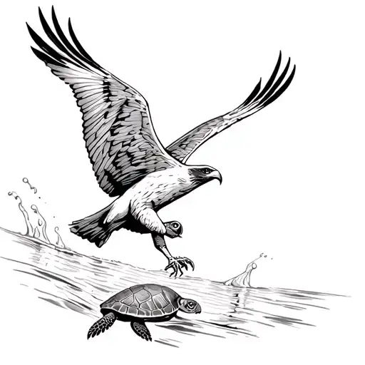 Hawk Flying Above The Ocean Protecting The Seaturtle Swimming Underneath The Water