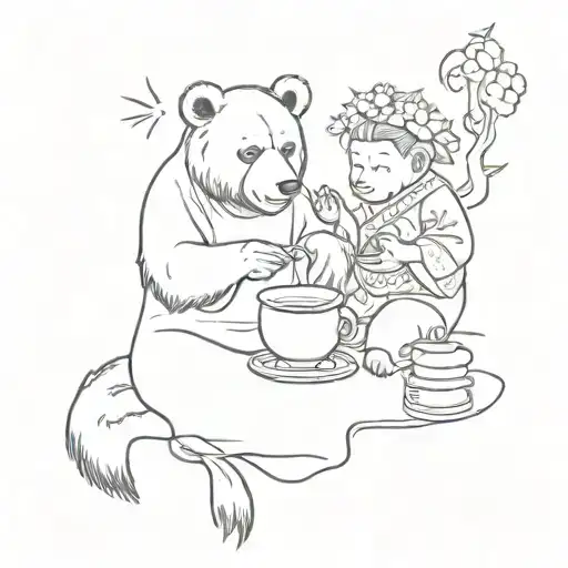 A Sketch Style Tattoo Of A Bear And Monkey Performing A Traditional Japanese Tea Ceremony