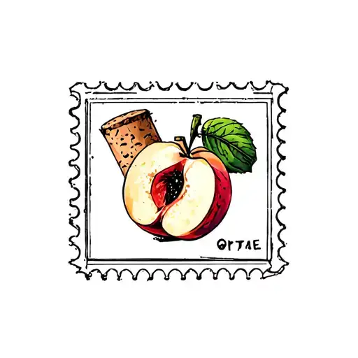 Fine Line Square Postage Stamp Tattoo With A Wine Cork And Georgia Peach Inside