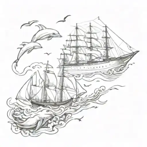 A Big Boat With Dolphins In The Ocean