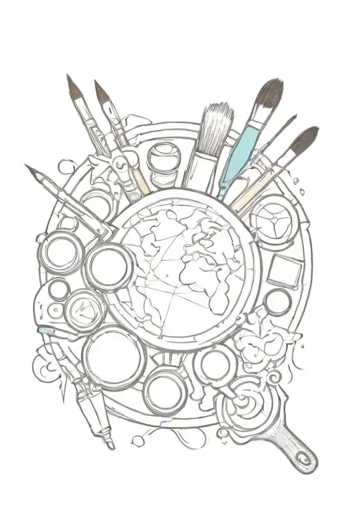 A Sketch Style Tattoo Of A Painter's Palette With Travel Elements Incorporated