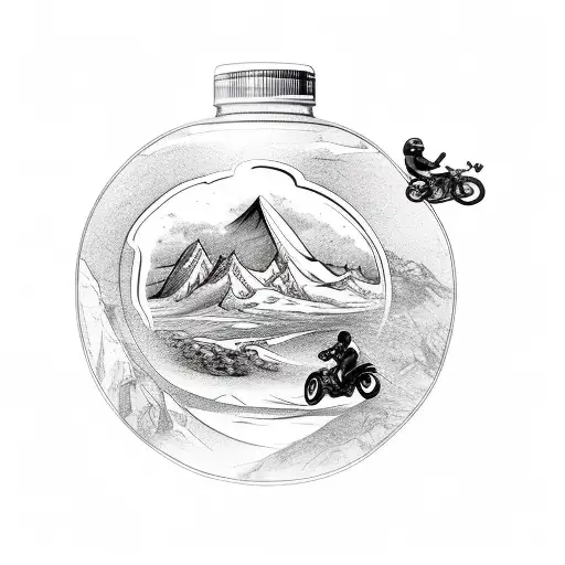 A Chemistry Flask With A Mountain Landscape Inside And A Motorcycle Racing Out Of It