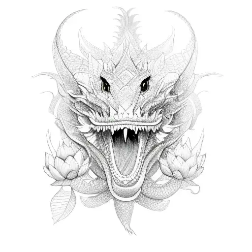 Detailed Sketch Of A Majestic Dragon Intertwined With Lotus Flowers
