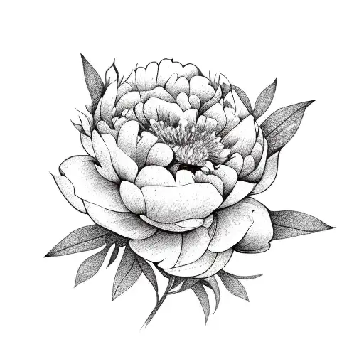 Lineart Bouquet Of A Peony And A Globe Flower With Straws And Leaves