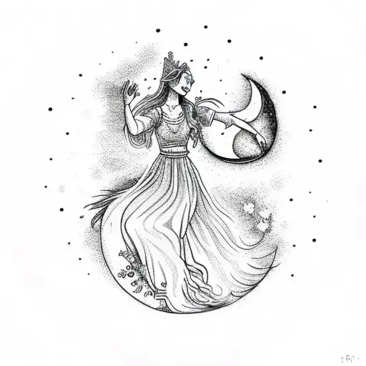 Mystical Virgo Virgin Maiden Dancing In A Half Moon With A Fox Surrounded By Flowers And Stars