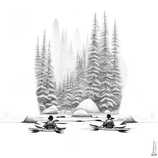 Kayak On A River In An Evergreen Forest