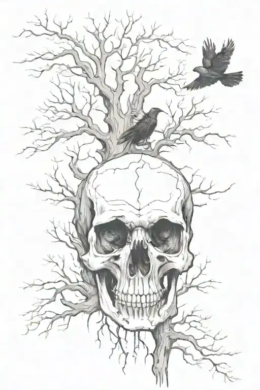 The Front Part Of The Skull Around The Trees And In The Distance A Raven Flies