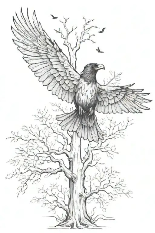 Trees And A Flying Raven With Outstretched Wings