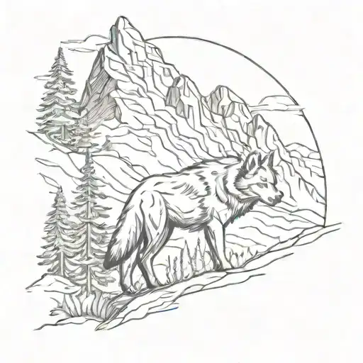 A Mountain Landscape With A Hidden Wolf Silhouette In A Sketch Style