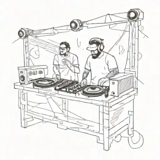 An Abstract Representation Of A Dj Booth With A Backdrop Of A Vibrant Festival Crowd